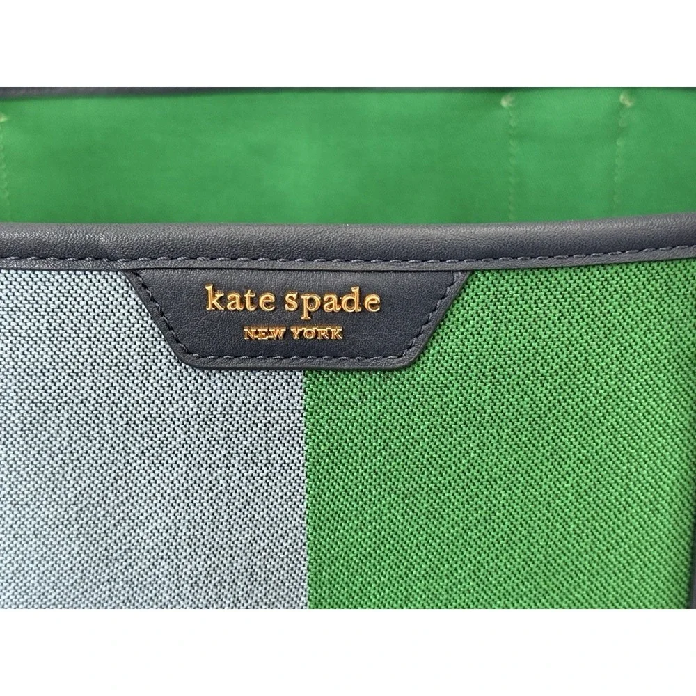 Kate Spade Canvas Racing Stripe Large Tote Bag Cream/Navy Green/Blue Stripe EUC